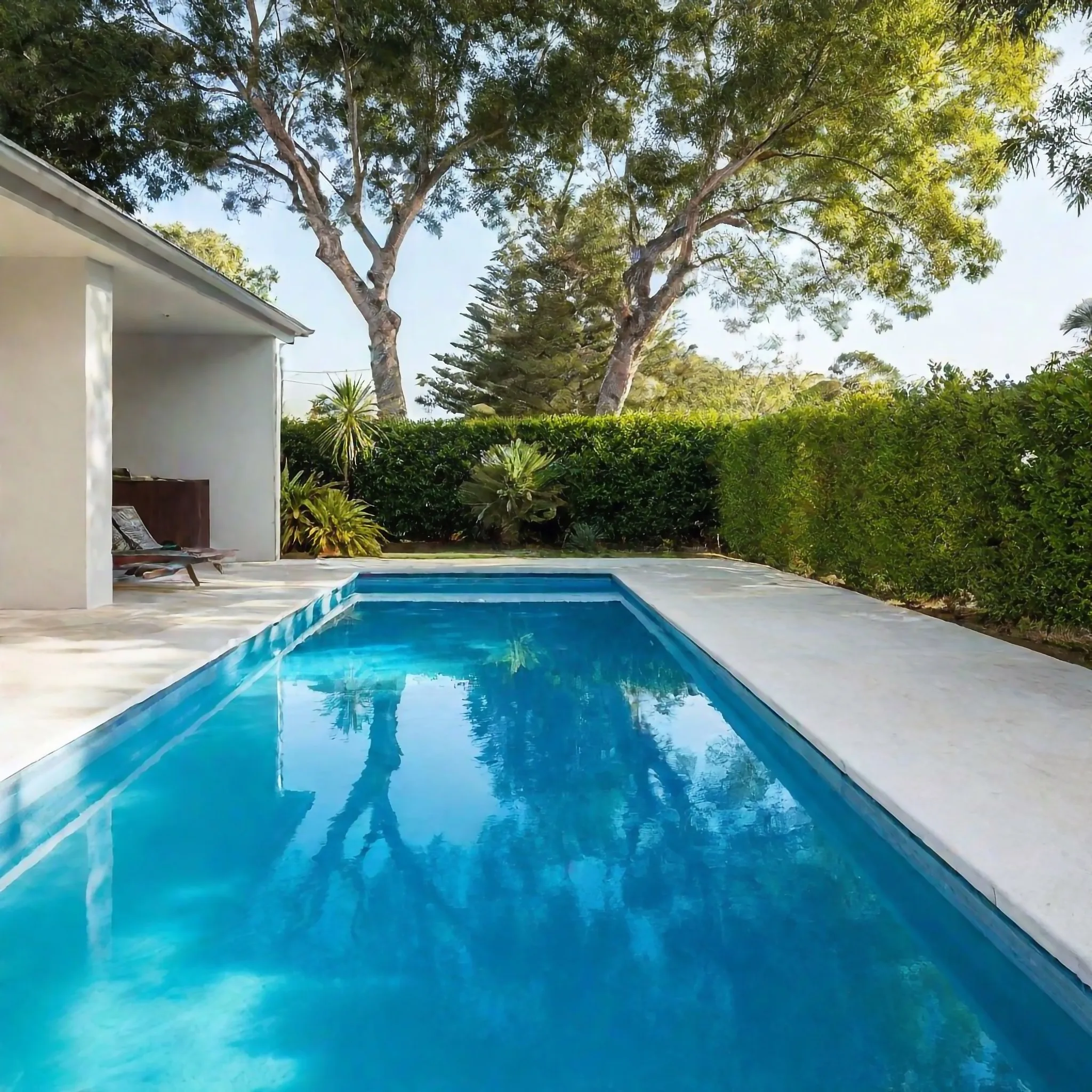 Concrete pool surround at sunset alongside a modern home